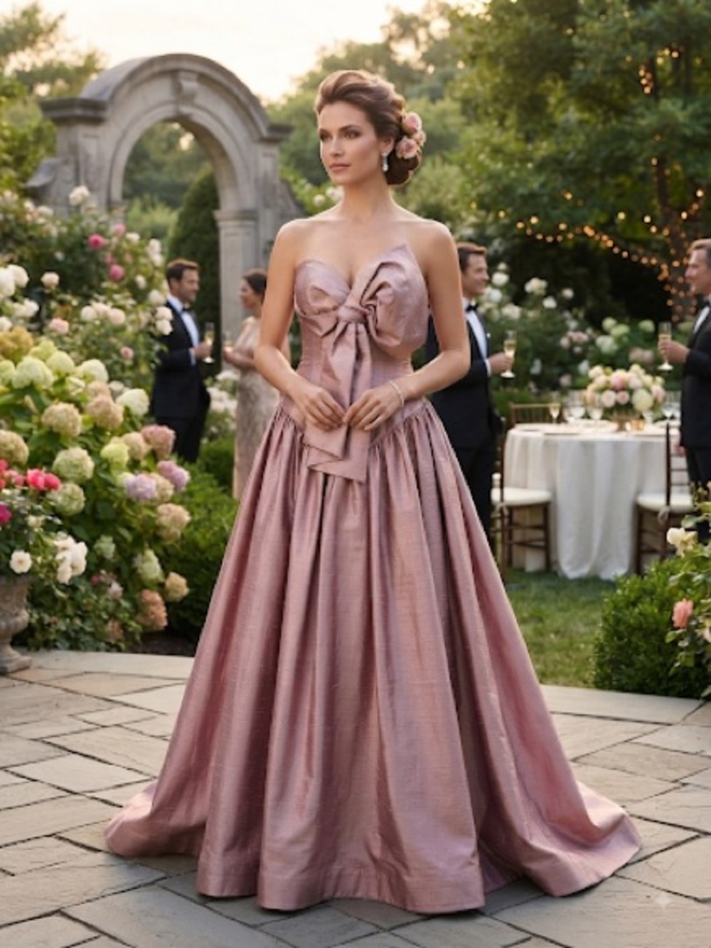 Violy Munoz Couture Strapless Maxi Gown in Dusty Rose with Front Bow Detail